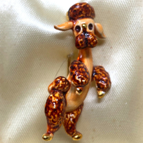 Vintage LG Brown & Gold Enamel Dancing Poodle Brooch Scatter Pin Boxed New - Picture 3 of 5